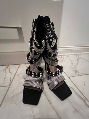 Black Studded Gladiator Heels with Rhinestone Straps - Women's Fashion Heels